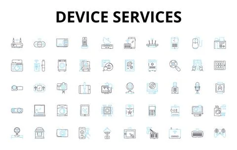 Device services linear icons set. Repairs, Maintenance, Upgrades, Optimization Stock Illustration
