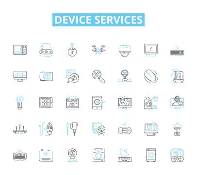 Device services linear icons set. Repairs, Maintenance, Upgrades, Optimization Illustrazione stock