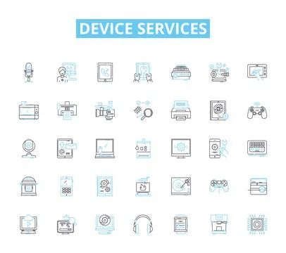 Device services linear icons set. Repairs, Maintenance, Upgrades, Optimization Stock Illustration