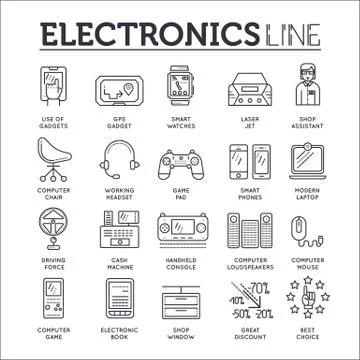 Device store concept. Thin line icons with flat background design. Sale Stock Illustration
