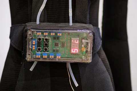 A device with a timer on a digital display attached to the mannequin's belt Stock Photos