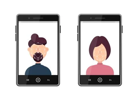 Device unlocked via face ID. Face recognition on smartphone Stock Illustration