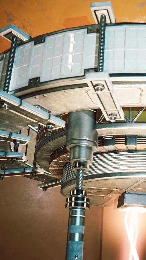 Device in a workshop showing mechanical parts and bright lights Stock Footage 339044351