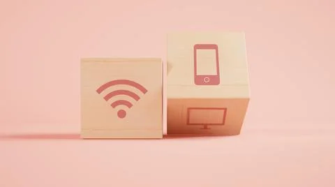 Devices and Wifi cubes 3d rendering Stock Illustration