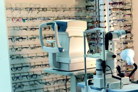 Devices for checking vision against the background of a large number of glass Stock Photos