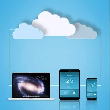 Devices, cloud computing and network for connection with gadgets for data Stock Illustration