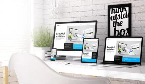 Devices collection workplace with online website builder on screen Illustrazione stock