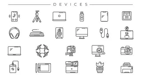 Devices concept line style vector icons set Stock Illustration