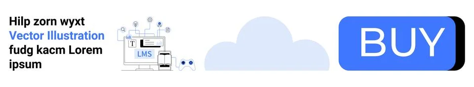 Devices connected to LMS, blue cloud symbol, large blue BUY button. Ideal for Illustrazione stock