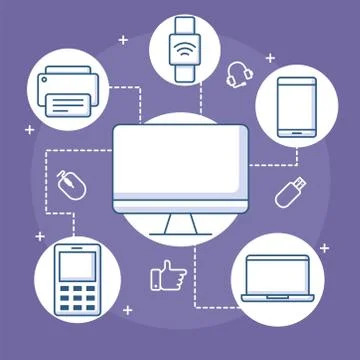 Devices connection computer smart watch mobile printer and laptop line style Stock Illustration