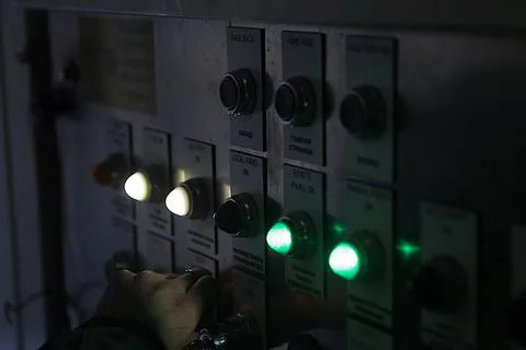 Devices on the control panel of drilling platform. buttons and m Stock Photos