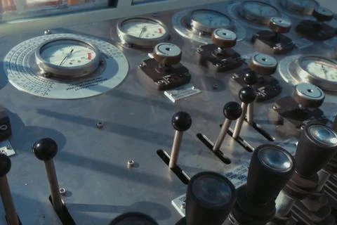 Devices on the control panel of drilling platform. buttons and m Stock Photos