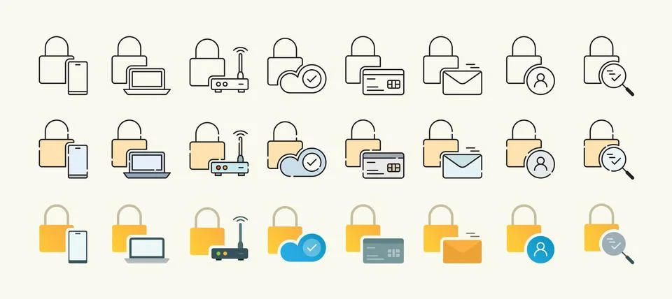 Devices, data, information, and security protection representative icon set Stock Illustration