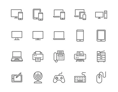 Devices flat line icons set. Pc, laptop, computer, smartphone, desktop, office Illustrazione stock