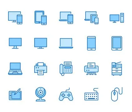 Devices flat line icons set. Pc, laptop, computer, smartphone, desktop, office Stock Illustration