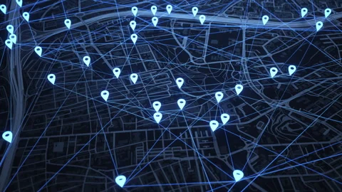 Devices interconnected by nodes on a flat map. Vídeos de archivo 336387797