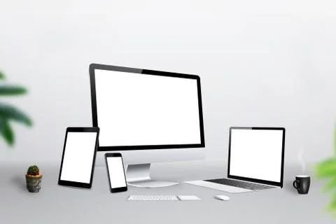 Devices with isolated white display for responsive web promotion. Computer,  Stock Photos