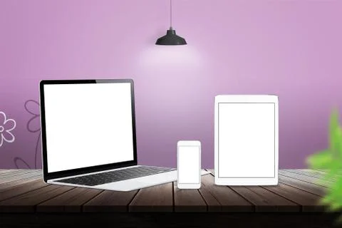 Devices with isolated white display for responsive web promotion. Computer, lapt Stock Photos