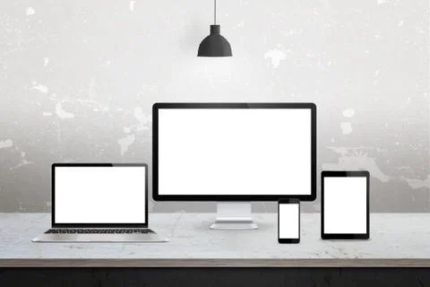 Devices with isolated white display for responsive web promotion. Computer, lapt Stock Photos