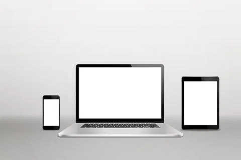 Devices with isolated white display for responsive web promotion. Stock Photos