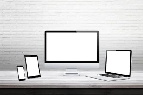 Devices with isolated white display for responsive web promotion Stock Photos