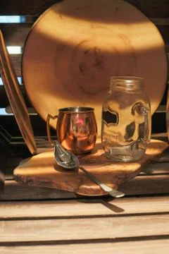 Devices kitchen tools a spoon cupcake cup a cup metal glass tree cook Stock Photos