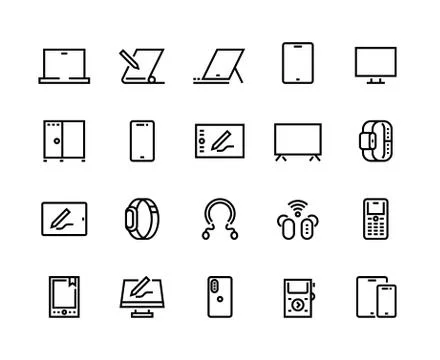 Devices line icons. Desktop computers, electronic devices and wearable gadgets Stock Illustration