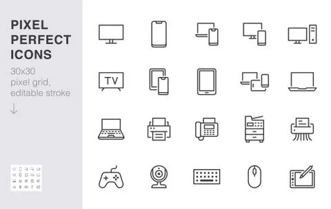 Devices line icons set. Computer, laptop, mobile phone, fax, scanner, smartphone Stock Illustration