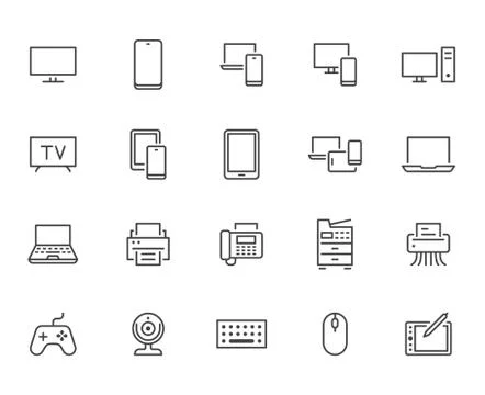 Devices line icons set. Computer, laptop, mobile phone, fax, scanner, smartphone Illustrazione stock