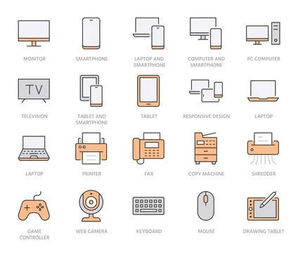 Devices line icons set. Computer, laptop, mobile phone, fax, scanner, smartphone Illustrazione stock