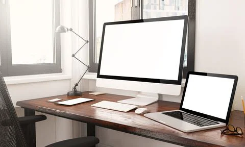 Devices mockup desktop 3d rendering Stock Illustration