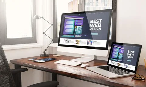 Devices with responsive web design desktop 3d rendering Stock Illustration