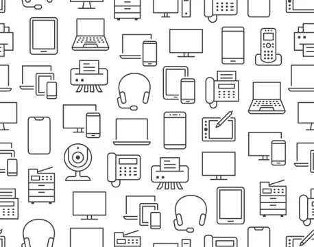 Devices seamless pattern with flat line icons. Electronics background - pc Illustrazione stock