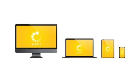 Devices system update set. Installing updates for computer, laptop, tablet an Illustrazione stock