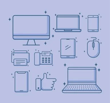 Devices technology computer laptop smartphone printer telephone icons line style Stock Illustration
