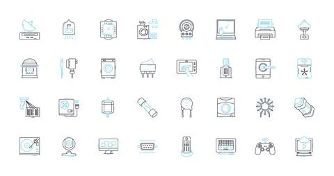 Devices technology linear icons set. Smartph, Laptop, Tablet, Smartwatch, Fitbit Illustrazione stock