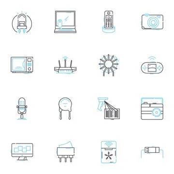 Devices technology linear icons set. Smartph, Laptop, Tablet, Smartwatch, Fitbit Illustrazione stock