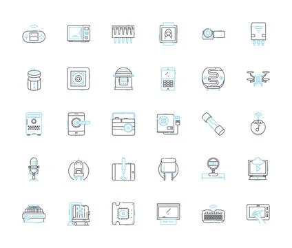 Devices technology linear icons set. Smartph, Laptop, Tablet, Smartwatch, Fitbit Illustrazione stock