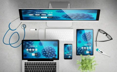 Devices top view with covid-19 website Stock Illustration