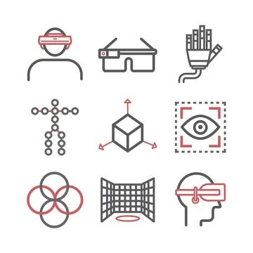 Devices for virtual reality VR. Line icons set. Vector signs for web graphics. Illustrazione stock