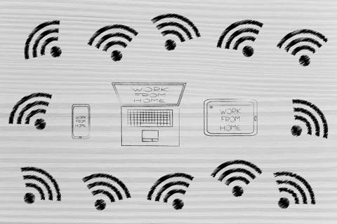 Devices with Work from Home text on screen surrounded by wi-fi icons 스톡 일러스트