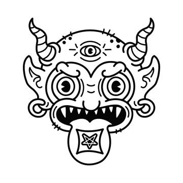 Devil with acid lsd blotter mark on tongue t-shirt print. Vector line art page Stock Illustration