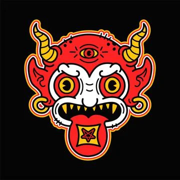 Devil with acid lsd blotter mark on tongue t-shirt print.Vector cartoon graphic Stock Illustration