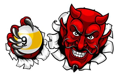 Devil and 9 Ball Nine Ball Pool Cartoon Mascot Stock Illustration