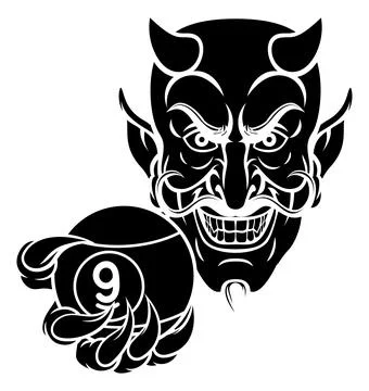 Devil and 9 Ball Nine Ball Pool Cartoon Mascot Stock-Illustration
