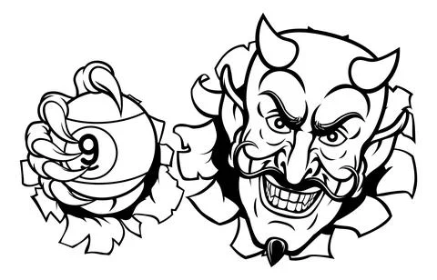 Devil and 9 Ball Nine Ball Pool Cartoon Mascot Stock Illustration