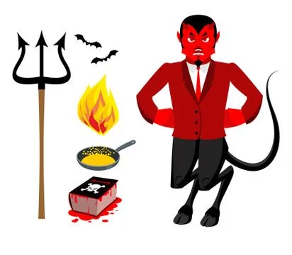 Devil and accessories. Satanic set. Trident and hellfire. Black bats. Frying  Stock Illustration