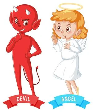 Devil and angel cartoon character on white background Stock Illustration