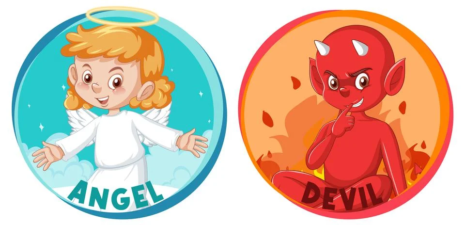 Devil and angel cartoon character on white background Stock Illustration