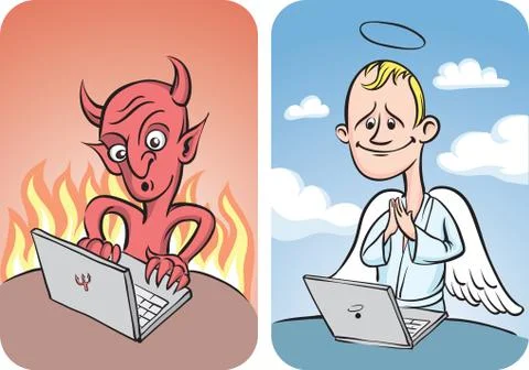 Devil and Angel with Laptop Computer 스톡 일러스트